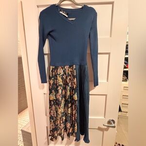 Dalia Macphee Blue Pleated Long Sleeve Dress